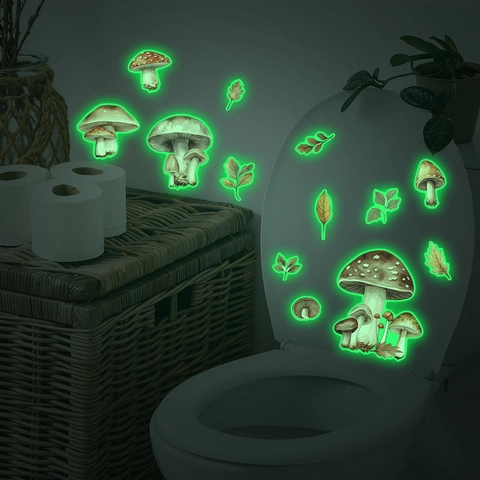 Leuchtende Pilz Blatt Toilettenaufkleber Wasserdicht Glow In The Dark PVC Wandaufkleber Für Badezimmer Zuhause Wanddeko