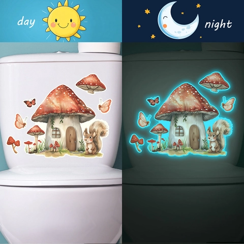 Adesivi per Gabinetto Luminosi a Forma di Casa Fungo Scoiattolo Cartone Animato Brilla al Buio PVC Impermeabile Decalcomania