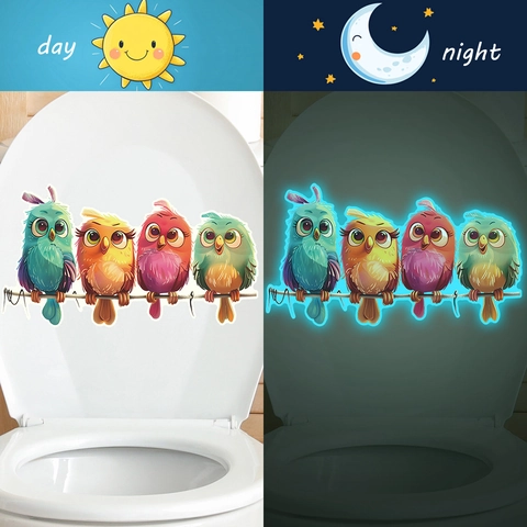 Leuchtende Cartoon Eule Badezimmer Toilettenaufkleber Glow In The Dark PVC Wandtattoo Für Kinderzimmer Haus Deko Nachtlicht Wasserdicht