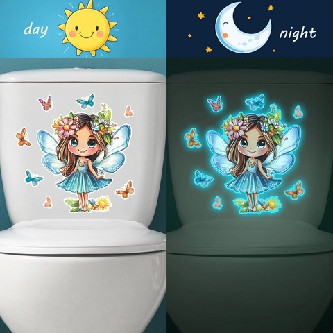 Adesivo per Gabinetto Fata Farfalla Luminoso PVC Glow In The Dark Adesivo Murale per Bagno Coperchio Decorazione Fata