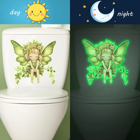 Pegatina de Inodoro de Hada de las Flores Luminosa Brilla En La Oscuridad Calcomanía de PVC Extraíble Para Baño