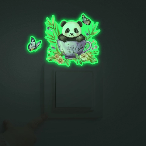 Luminous PVC Panda Cup Switch Wall Sticker For Kids Bedroom Cartoon Animal Pattern Glow In The Dark Decoration Fluorescent Decal
