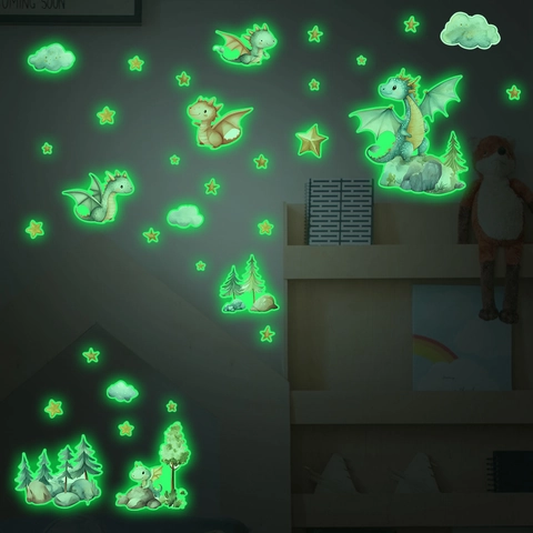 Adesivi Murali Dinosauro Cartone Animato Fluorescente PVC Stelle Foresta Nuvole Decalcomanie per Cameretta Bambini Casa
