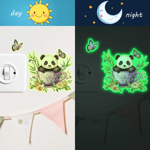 Luminous PVC Panda Cup Switch Wall Sticker For Kids Bedroom Cartoon Animal Pattern Glow In The Dark Decoration Fluorescent Decal
