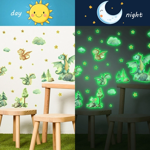 Adesivi Murali Dinosauro Cartone Animato Fluorescente PVC Stelle Foresta Nuvole Decalcomanie per Cameretta Bambini Casa
