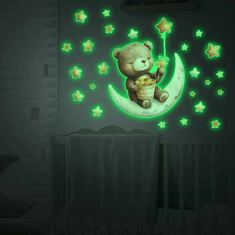 Glow in the Dark Bear Moon Stars Wall Stickers Luminous Cartoon Animal Ceiling Decals for Kids Bedroom Nursery Decor