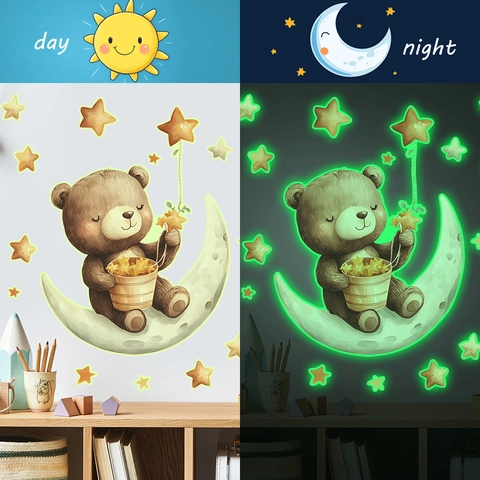 Glow in the Dark Bear Moon Stars Wall Stickers Luminous Cartoon Animal Ceiling Decals for Kids Bedroom Nursery Decor