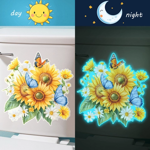 Glow In The Dark Sunflower Daisy Butterfly Toilet Sticker Luminous Floral Decal For Bathroom Toilet Lid Home Decor