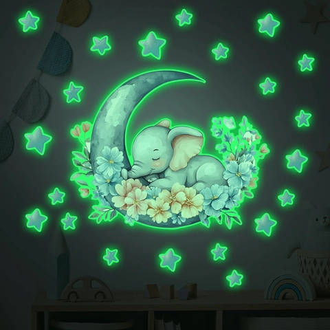 Luminous Cartoon Elephant On Moon Wall Sticker Glow In The Dark Stars Floral Wall Decal For Kids Room Nursery Home Decor