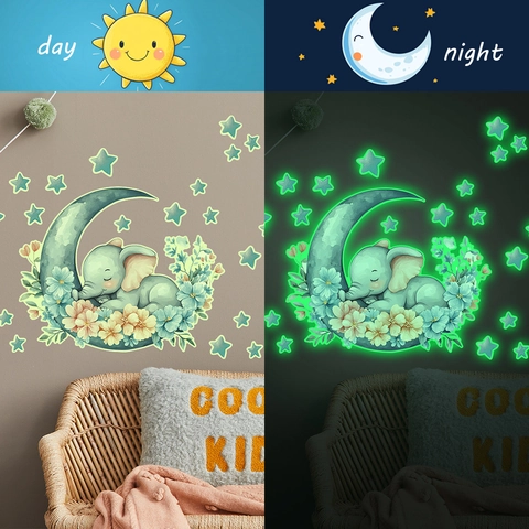 Luminous Cartoon Elephant On Moon Wall Sticker Glow In The Dark Stars Floral Wall Decal For Kids Room Nursery Home Decor