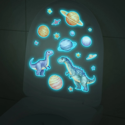 Autocollant de Toilette Dinosaure Dessin Animé Planète Lumineux PVC Étanche Décalcomanie Murale pour Salle de Bain Enfant