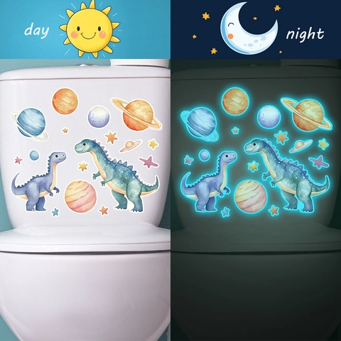 Autocollant de Toilette Dinosaure Dessin Animé Planète Lumineux PVC Étanche Décalcomanie Murale pour Salle de Bain Enfant