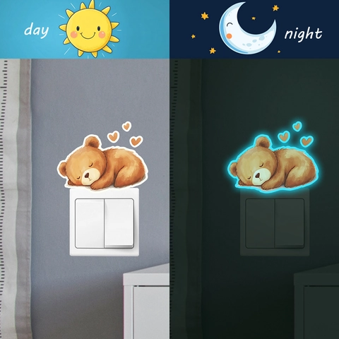 Cartoon Leuchtend Schlafender Bär Lichtschalter Aufkleber PVC Wandtattoo Leuchten Im Dunkeln Für Kinderzimmer Deko