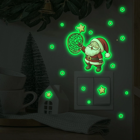 Adesivo Murale Luminoso di Natale Babbo Natale Stelle Brillano al Buio Decorazione Interruttore Decalcomania in PVC per Casa Festa