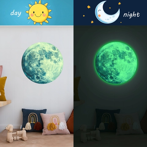 Sticker Mural Lune Lumineuse Terre Réaliste Glow In The Dark Sticker en PVC pour Chambre Dortoir Maison Décoration Murale