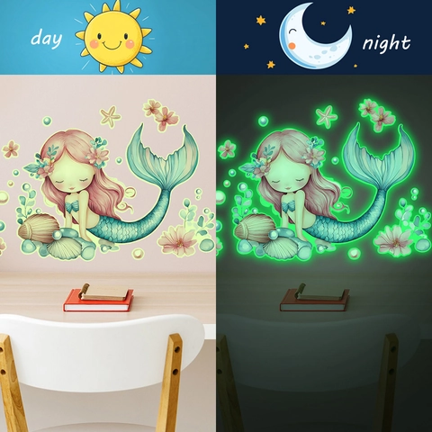 Leuchtende Meerjungfrau Wandtattoo PVC Selbstklebend Glow In The Dark Cartoon Ozean Muschel Aufkleber Für Kinderzimmer Badezimmer