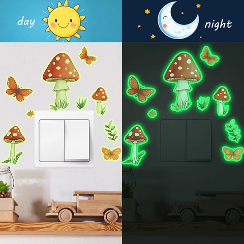 Leuchtende Pilz Schmetterling Wandaufkleber Im Dunkeln Leuchtend PVC Abnehmbare Aufkleber Für Lichtschalter Schlafzimmer Home Deko