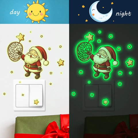 Adesivo Murale Luminoso di Natale Babbo Natale Stelle Brillano al Buio Decorazione Interruttore Decalcomania in PVC per Casa Festa