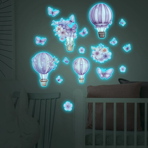 Glow In The Dark Wall Stickers Luminous Hot Air Balloon Butterfly Floral Decals For Kids Room Bedroom Background Home Decor