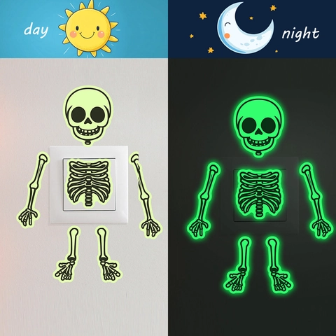 Halloween Skelett Wandtattoo Leuchtet Im Dunkeln Abnehmbar PVC Fluoreszierend Totenkopf Aufkleber Für Lichtschalter Deko