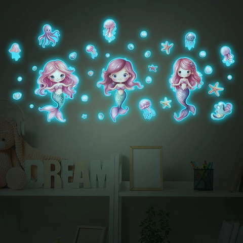 Stickers Muraux Sirène Phosphorescents pour Décoration Chambre d'Enfant Monde Océan Sœurs Dessin Animé Fluorescents PVC