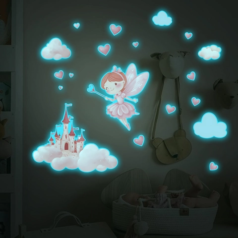 Adesivo da Parete Luminoso a Forma di Fata e Castello Cartone Animato Fluorescente in PVC per la Decorazione della Camera dei Bambini