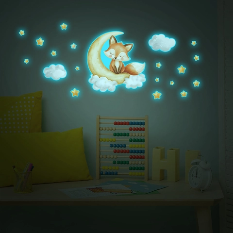 Leuchtende Fuchs Mond Sterne Wolken Wandtattoos Glow In The Dark PVC Bedruckte Cartoon Aquarell Wandaufkleber Für Kinderzimmer Deko