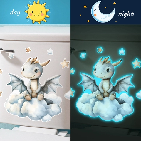 Luminous Cartoon Dragon Wall Sticker Glow In The Dark Baby Dragon On Cloud Stars Decal For Kids Room Bathroom Self Adhesive Decor