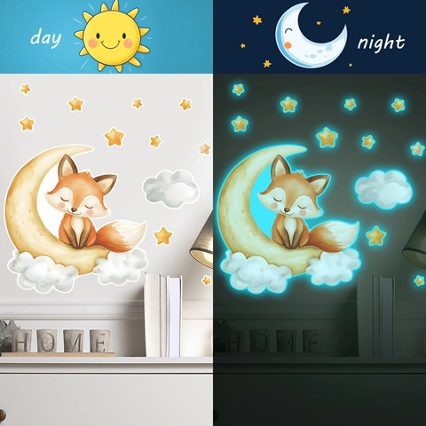 Leuchtende Fuchs Mond Sterne Wolken Wandtattoos Glow In The Dark PVC Bedruckte Cartoon Aquarell Wandaufkleber Für Kinderzimmer Deko
