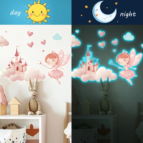 Adesivo da Parete Luminoso a Forma di Fata e Castello Cartone Animato Fluorescente in PVC per la Decorazione della Camera dei Bambini