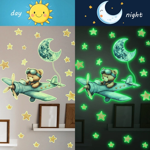 Cartoon Bär Flugzeug Leuchtend Wandaufkleber Sterne Mond Wandtattoo Für Kinderzimmer Babyzimmer PVC Selbstklebend