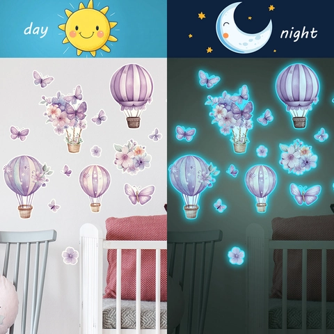 Glow In The Dark Wall Stickers Luminous Hot Air Balloon Butterfly Floral Decals For Kids Room Bedroom Background Home Decor