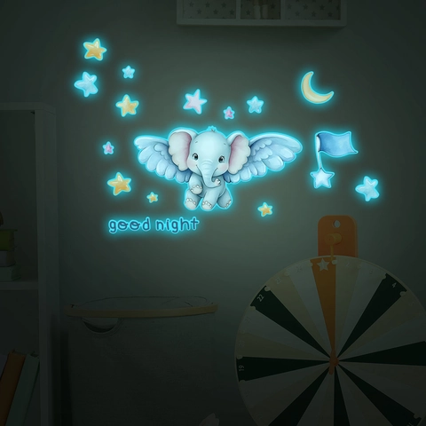 Adesivi Murali Fluorescenti Cartone Animato Elefante Luna Stelle Luminose PVC Decalcomanie Per Camera Dei Bambini Decorazione Casa