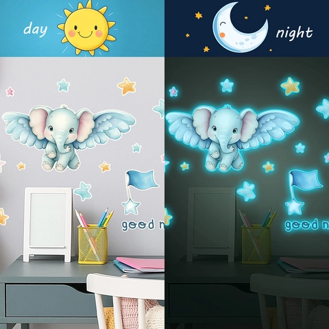 Adesivi Murali Fluorescenti Cartone Animato Elefante Luna Stelle Luminose PVC Decalcomanie Per Camera Dei Bambini Decorazione Casa