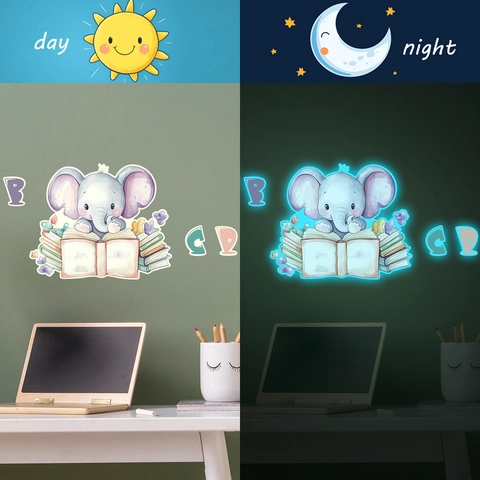 Sticker Mural Éléphant Lisant Dessin Animé Lumineux Dans Le Noir Pour Décoration Chambre D'Enfant Autocollant Mural PVC