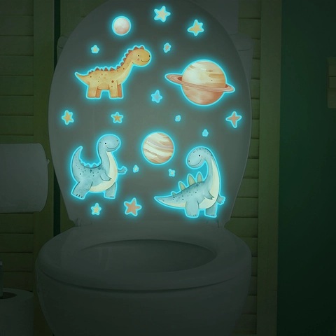 Adesivo per WC con Dinosauro Cartone Animato Luminoso Impermeabile Rimovibile in PVC Planet Star per Arredamento Casa Bagno