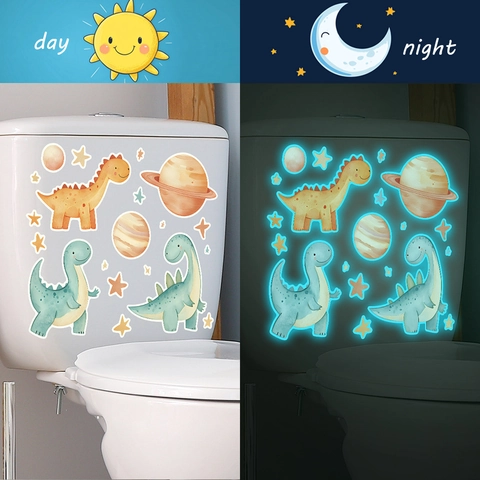Adesivo per WC con Dinosauro Cartone Animato Luminoso Impermeabile Rimovibile in PVC Planet Star per Arredamento Casa Bagno