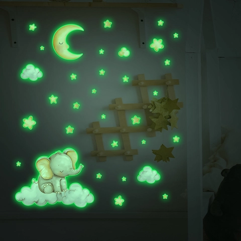 Leuchten Im Dunkeln Cartoon Elefant Mond Sterne Wandaufkleber PVC Selbstklebend Leuchtende Decals Für Kinderzimmer Dekor