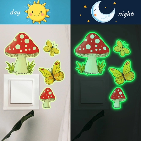 Lichtgevende Cartoon Paddenstoel Vlinder Muurstickers Glow In Dark PVC Fluorescerende Schakelaar Sticker Voor Home Decor