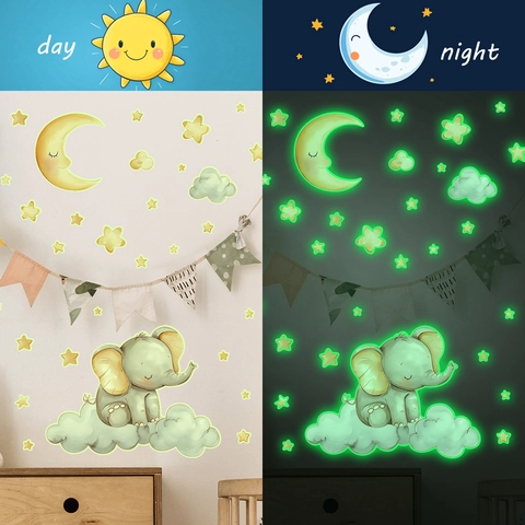 Leuchten Im Dunkeln Cartoon Elefant Mond Sterne Wandaufkleber PVC Selbstklebend Leuchtende Decals Für Kinderzimmer Dekor