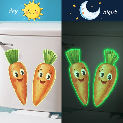 Adesivi per Gabinetto a Forma di Carota Animata Fluorescenti Simpatico Sorriso in PVC Decalcomania da Muro per Bagno