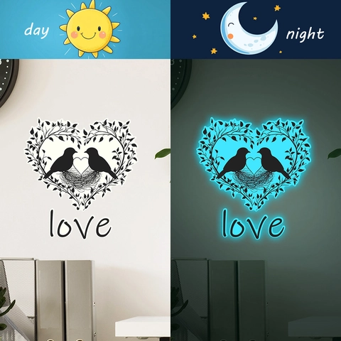 Adesivo da Parete Luminoso Cuore Uccello Glow In The Dark Amore Cuore Ramo d'Albero Decalcomania per Camera da Letto Soggiorno PVC