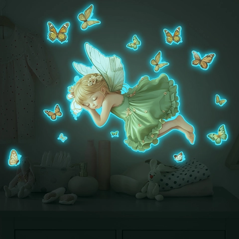 Pegatina de Pared Fluorescente Hada Princesa Mariposa Patrón Luminoso PVC Decoración Calcomanía para Habitación de Niños