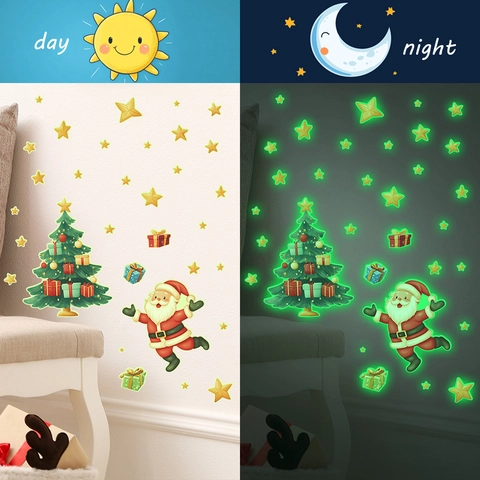 Adesivi Murali Natalizi Luminosi Babbo Natale Albero Di Natale Stella PVC Fluorescenti Decalcomanie Per Decorazione Domestica