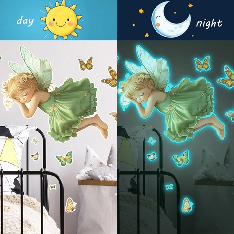 Pegatina de Pared Fluorescente Hada Princesa Mariposa Patrón Luminoso PVC Decoración Calcomanía para Habitación de Niños