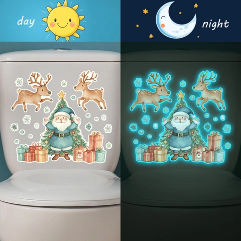 Adesivi per Toilette di Natale Fluorescenti Babbo Natale Renna Albero di Natale Decalcomanie Luminose per Bagno Festa Decor