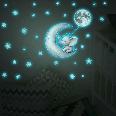 Glow In The Dark Wall Stickers Cartoon Elephant Moon Stars Luminous PVC Wall Decals For Kids Bedroom Nursery Decor
