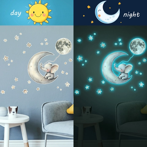 Glow In The Dark Wall Stickers Cartoon Elephant Moon Stars Luminous PVC Wall Decals For Kids Bedroom Nursery Decor