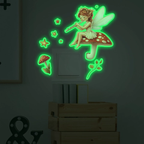 Adesivi Murali Fata Che Suona Il Flauto Fungo Luminosi Al Buio Stella Foglia Decorazione Interruttore Per Camera Dei Bambini