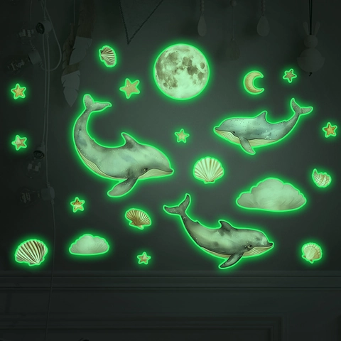 Adesivi Murali Luminosi al Buio Delfino Balena Luna Stelle Nuvole Decalcomanie Fluorescenti per Decorazione Camera Bambini
